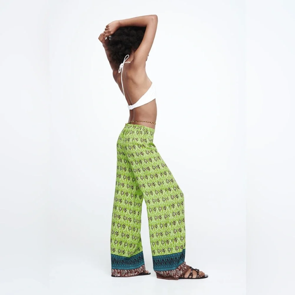 NWOT ZARA Full-Length Printed Trousers‎ Flowy Wide Leg Viscose LARGE 7484/159